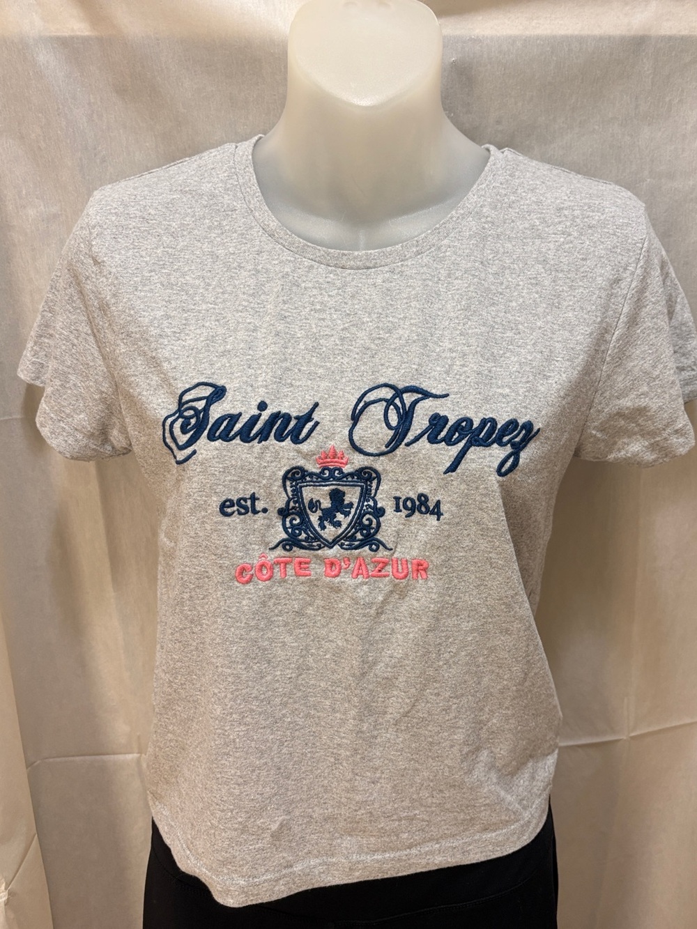 Goddess Grey Tee with Navy & Pink Embroidery
